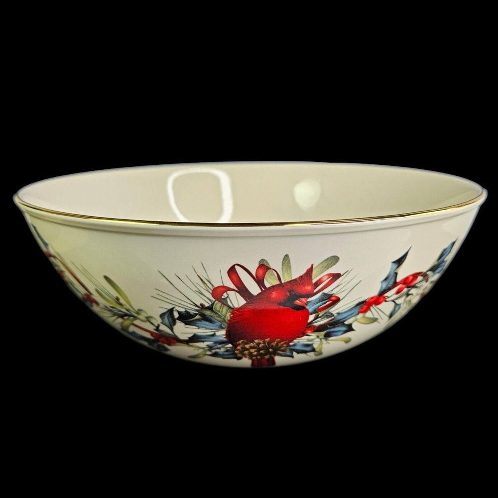 Lenox Winter Greetings Serving Bowl Large Gold Trim Christmas Cardinal 10.5 Inch